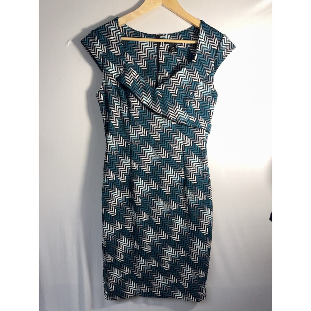 White House Black Market Sheath Dress Size 10 Teal Black Geometric Cap‎ Sleeve